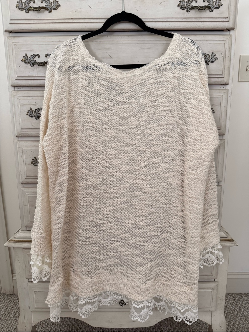 Bellamie Cream Lace-Trim Scoop Neck open knit pullover Sweater